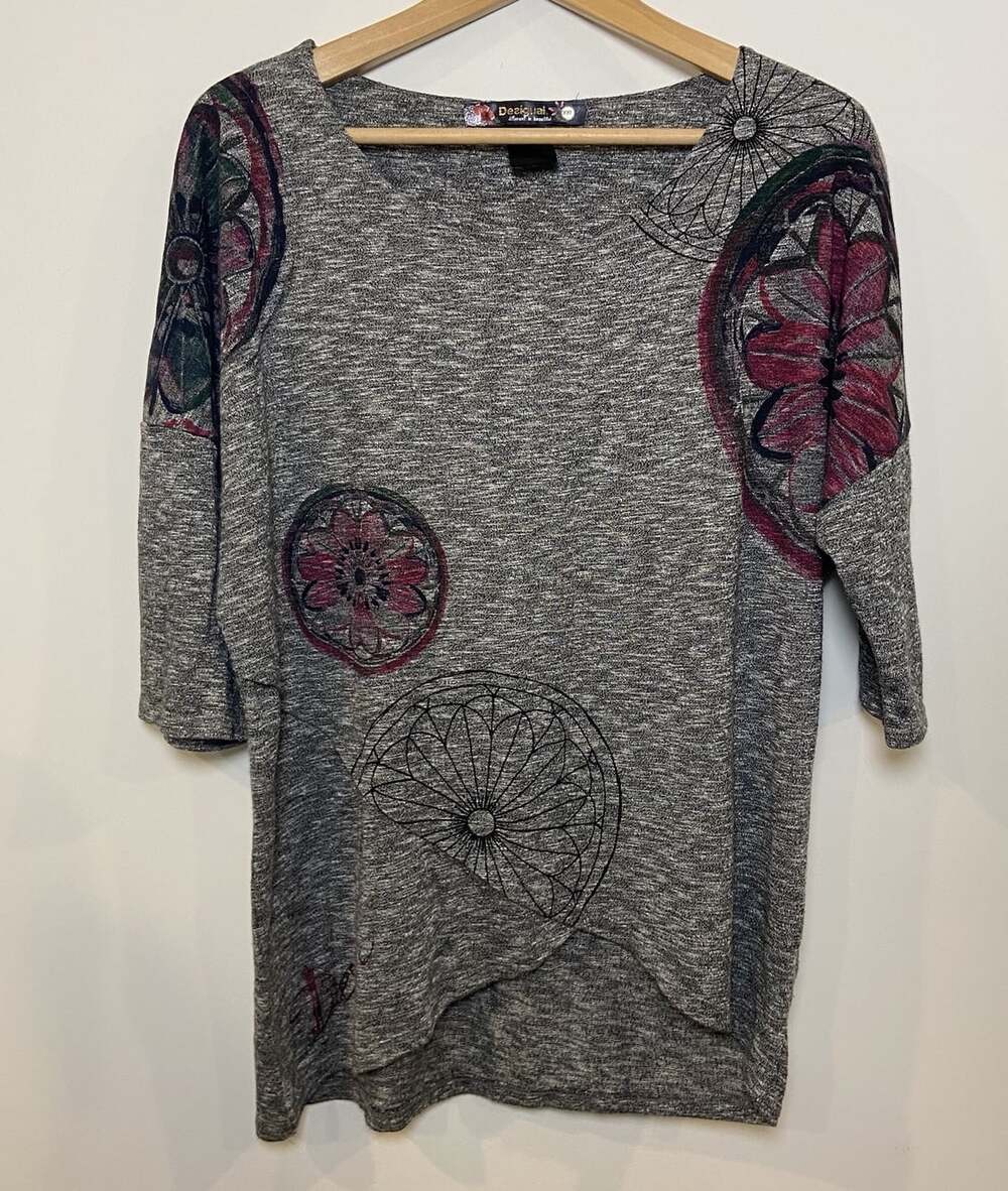 Desigual Shirt 3/4 Sleeve Tulip Hem Gray Black Pink XXL
